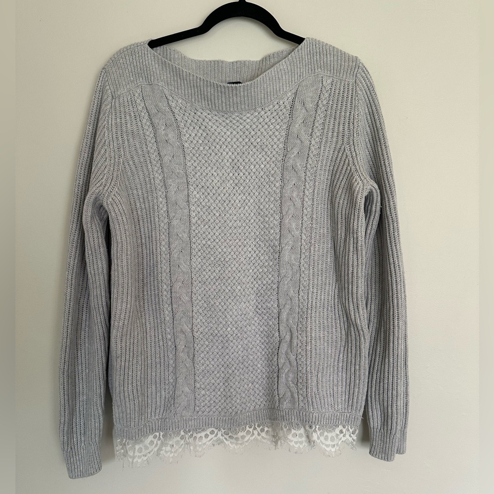 Tommy Hilfiger Women’s Gray Knit Sweater with‎ Lace Hem – Size L (EUC)